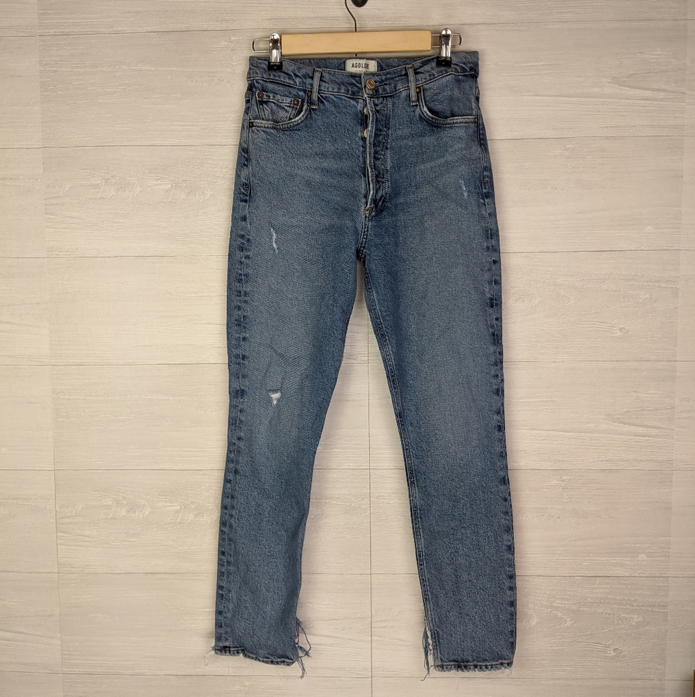Agolde Distressed Blue Denim Button Up Jeans